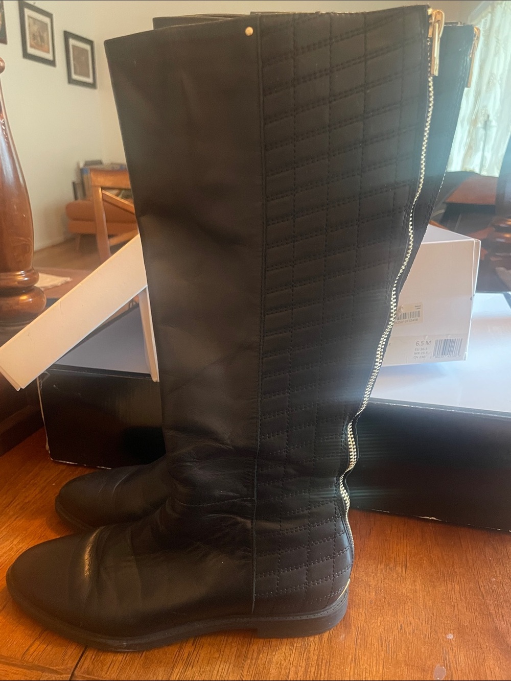 Calvin Klein Black Quilted Knee-High Boots with Gold Back Zip